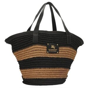 Burberry Blue Label Straw Raffia Tote Bag Black Tan Striped Leather Handles